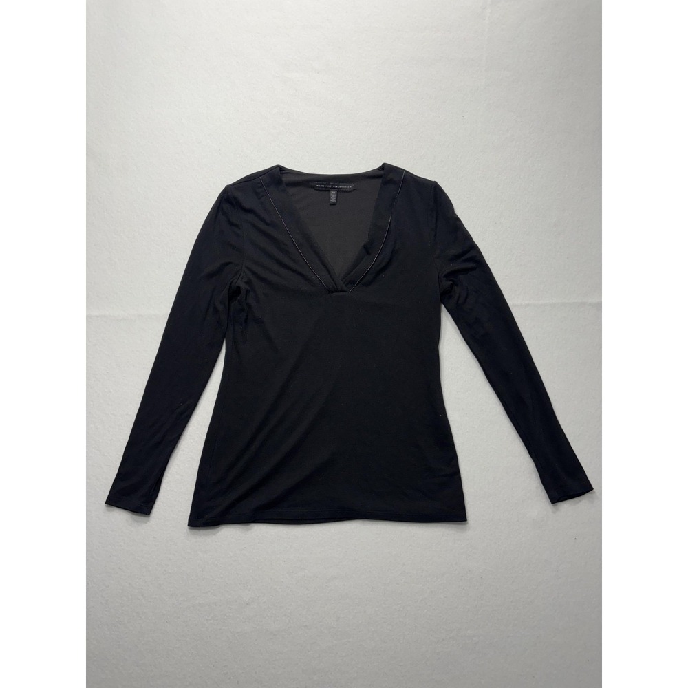 White House Black Market Shirt Womens XS Black Deep V Neck Long Sleeve Jersey